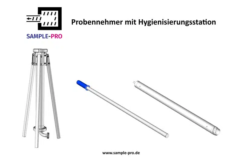 Die Abbildung zeigt ein dreibeiniges Stativ sowie zwei verschiedene metallische Sonden bzw. Stäbe, die zu einer Probenahmeeinrichtung mit Hygienisierungsstation gehören. Oben steht der Titel „Probenehmer mit Hygienisierungsstation“, daneben befindet sich das Logo und der Schriftzug „SAMPLE-PRO“. Unten ist die Website www.sample-pro.de angegeben. Das Bild vermittelt die Funktion und Teile einer professionellen Probenahmeausrüstung.