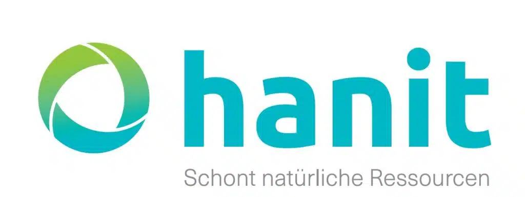 hanit logo: teal wordmark with a circular gradient icon and the tagline 'Schont natürliche Ressourcen'.