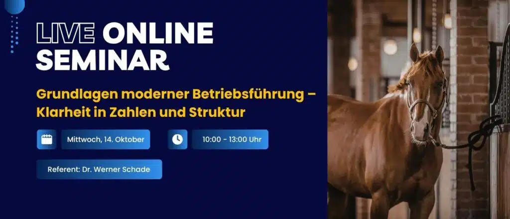 Banner for a live online seminar on modern business leadership; Oct 14, 10:00–13:00; speaker Dr. Werner Schade; horse image on the right.